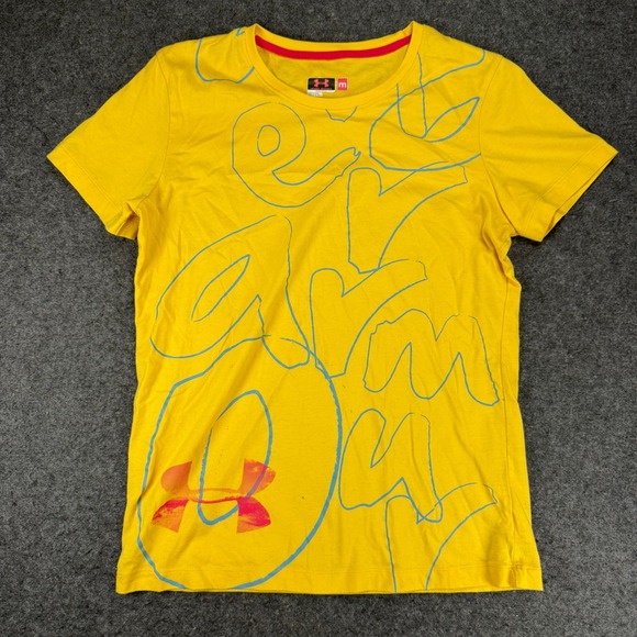 Under Armour Yellow Graphic T-Shirt Women's Medium Short Sleeve Semi-Fitted - Picture 1 of 8
